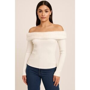 PrettyLittleThing Off Shoulder Faux Fur Trim Ribbed Knit Top White Womens Size 6
